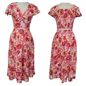 Japna 2p Set Crop Top Midi Flare Skirt  Floral Cap Sleeve Smocked Women Large